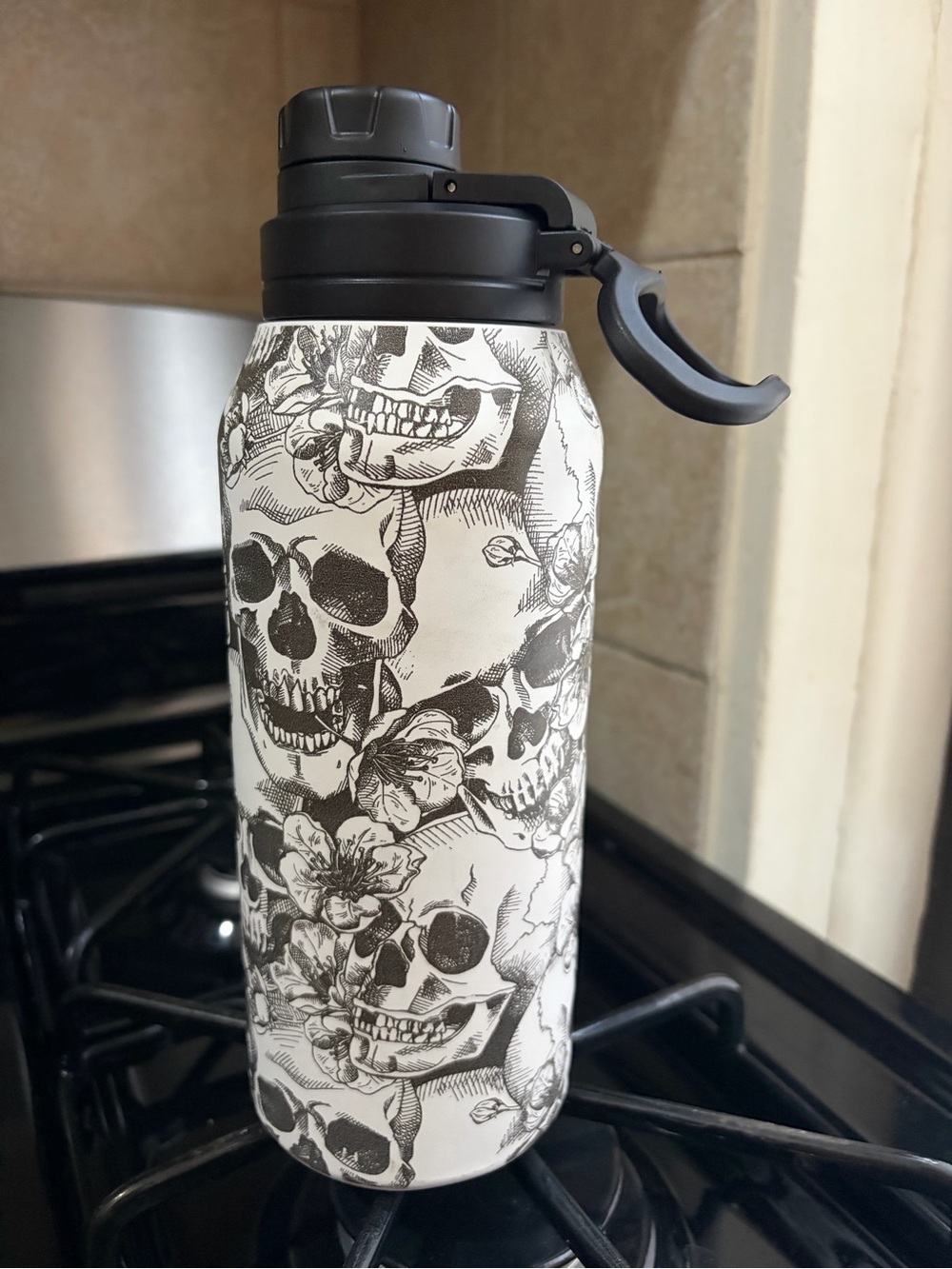 Insulated Skull & Floral White Stainless Steel Water Bottle